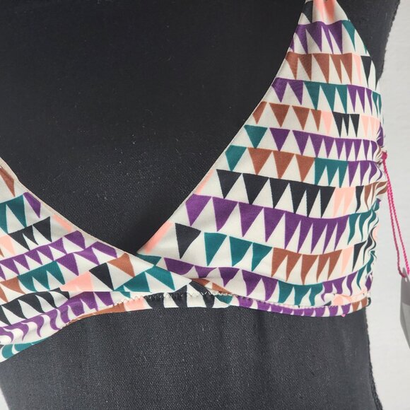 Vanilla/Beach Purple Multi Color Triangle Print Lined Nylon Span Bikini Top Sz M - Picture 4 of 16